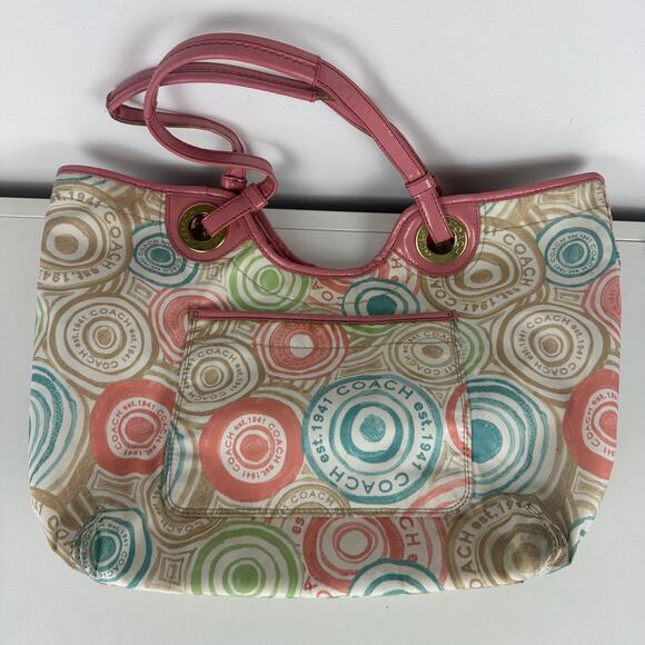 Coach Multicolor Signature The Beach Patent Leather Pink Trim Tote Bag F19184 - Picture 1 of 10